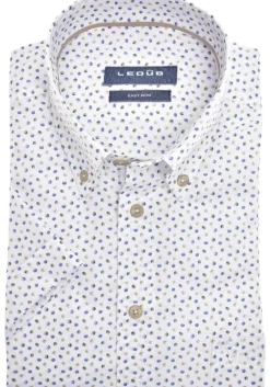 Ledub modern fit overhemd, korte mouw, wit met middengroen en blauw dessin