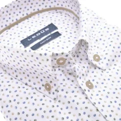 Ledub modern fit overhemd, korte mouw, wit met middengroen en blauw dessin
