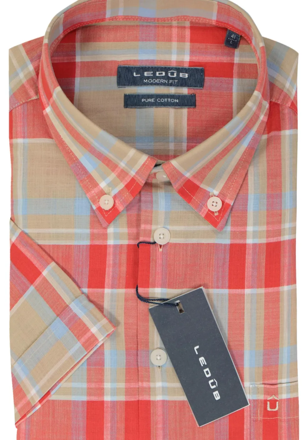 Ledub modern fit overhemd, korte mouw, rood met beige geruit