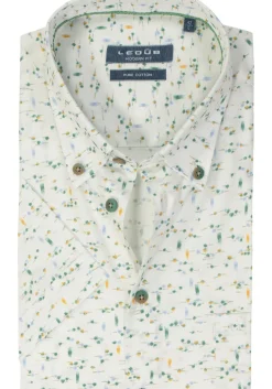 Ledub modern fit overhemd, korte mouw, wit met groen dessin