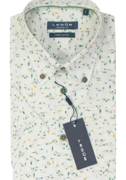 Ledub modern fit overhemd, korte mouw, wit met groen dessin