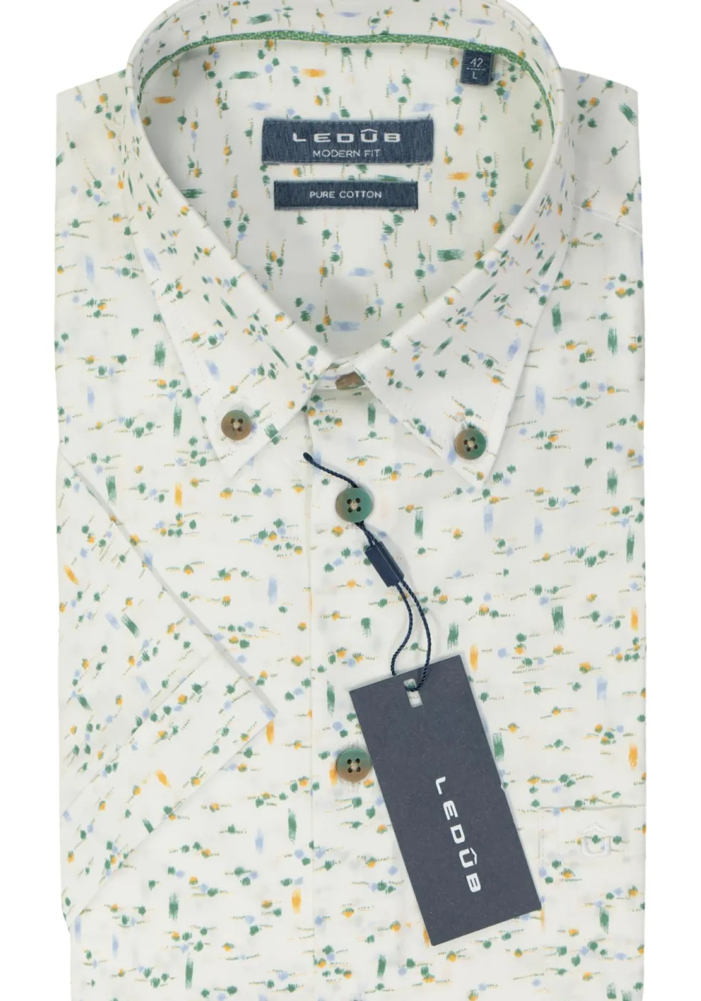 Ledub modern fit overhemd, korte mouw, wit met groen dessin