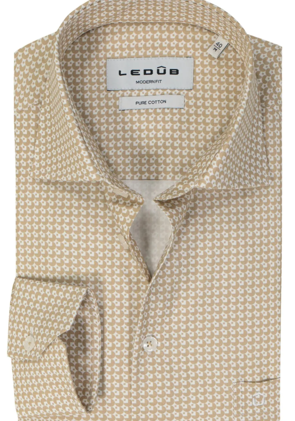 Ledub modern fit overhemd, popeline, beige met wit dessin