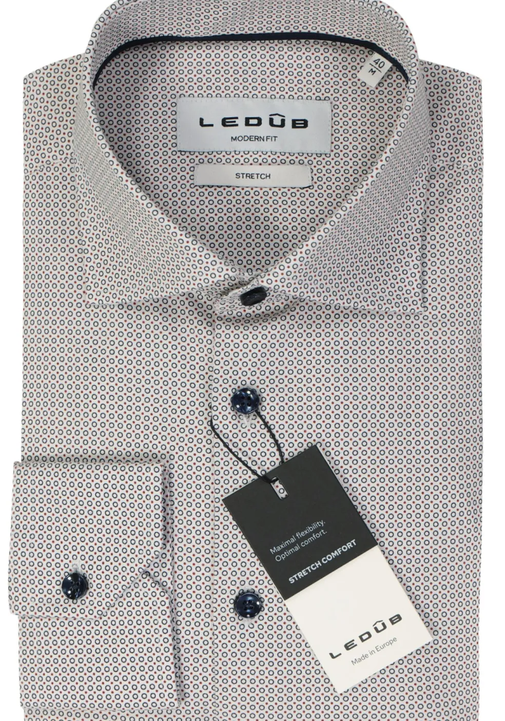 Ledub modern fit overhemd, popeline, donkerblauw met wit dessin