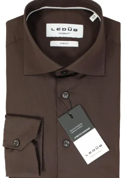 Ledub modern fit overhemd, popeline, donkerbruin
