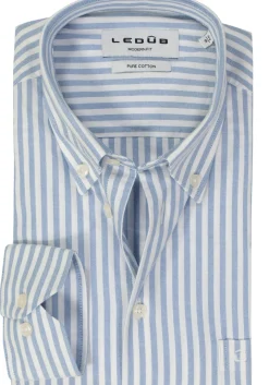 Ledub modern fit overhemd, popeline, middenblauw gestreept