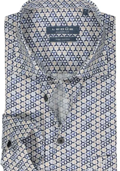 Ledub modern fit overhemd, popeline, wit met blauw en beige dessin