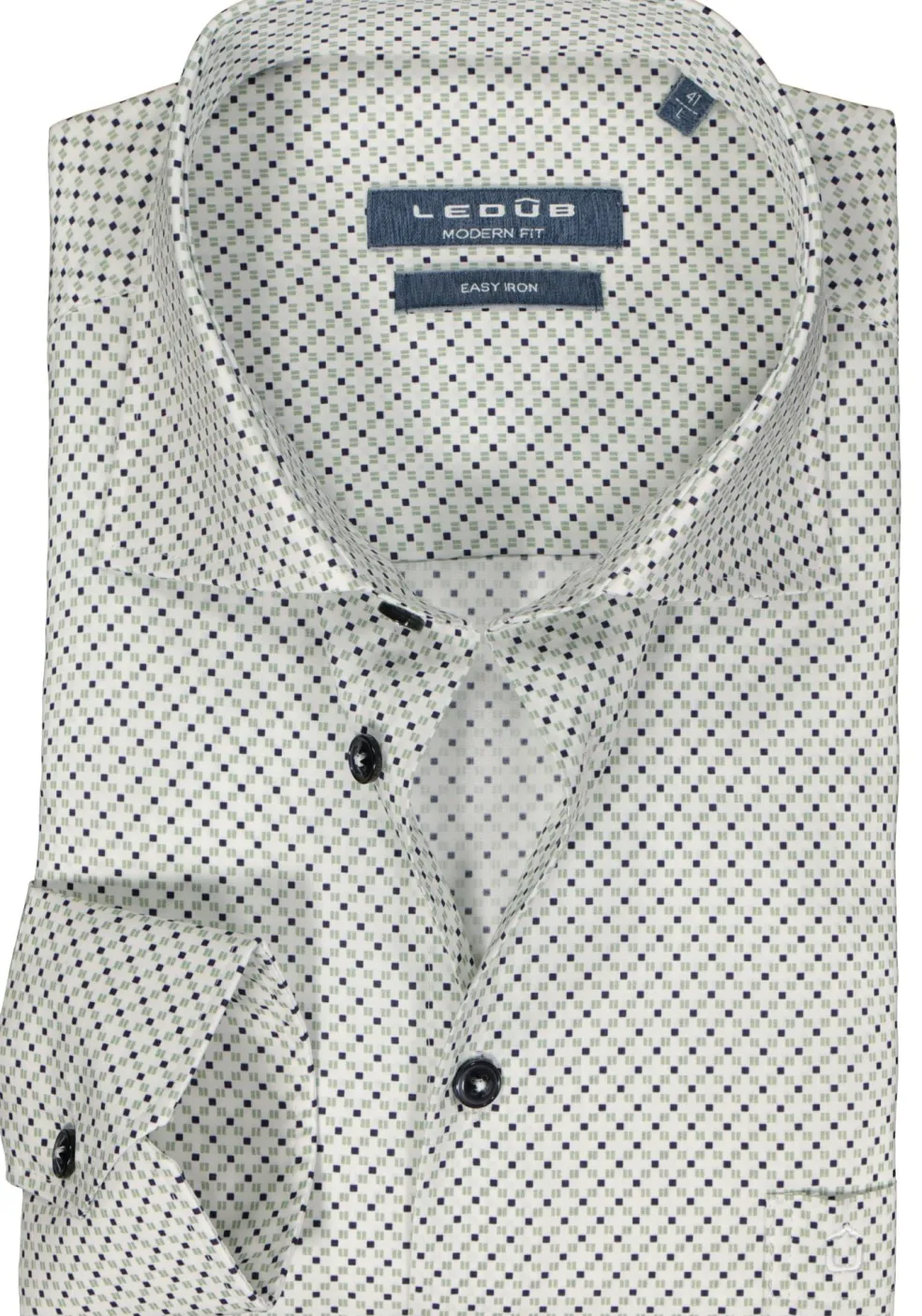 Ledub modern fit overhemd, popeline, wit met groen en donkerblauw dessin
