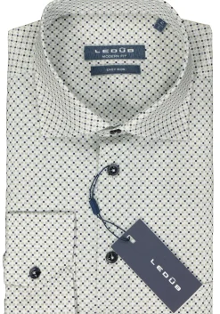 Ledub modern fit overhemd, popeline, wit met groen en donkerblauw dessin