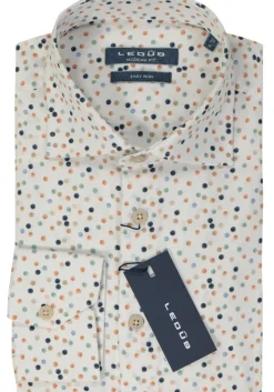 Ledub modern fit overhemd, structuur, wit met blauw, grijs en bruin dessin