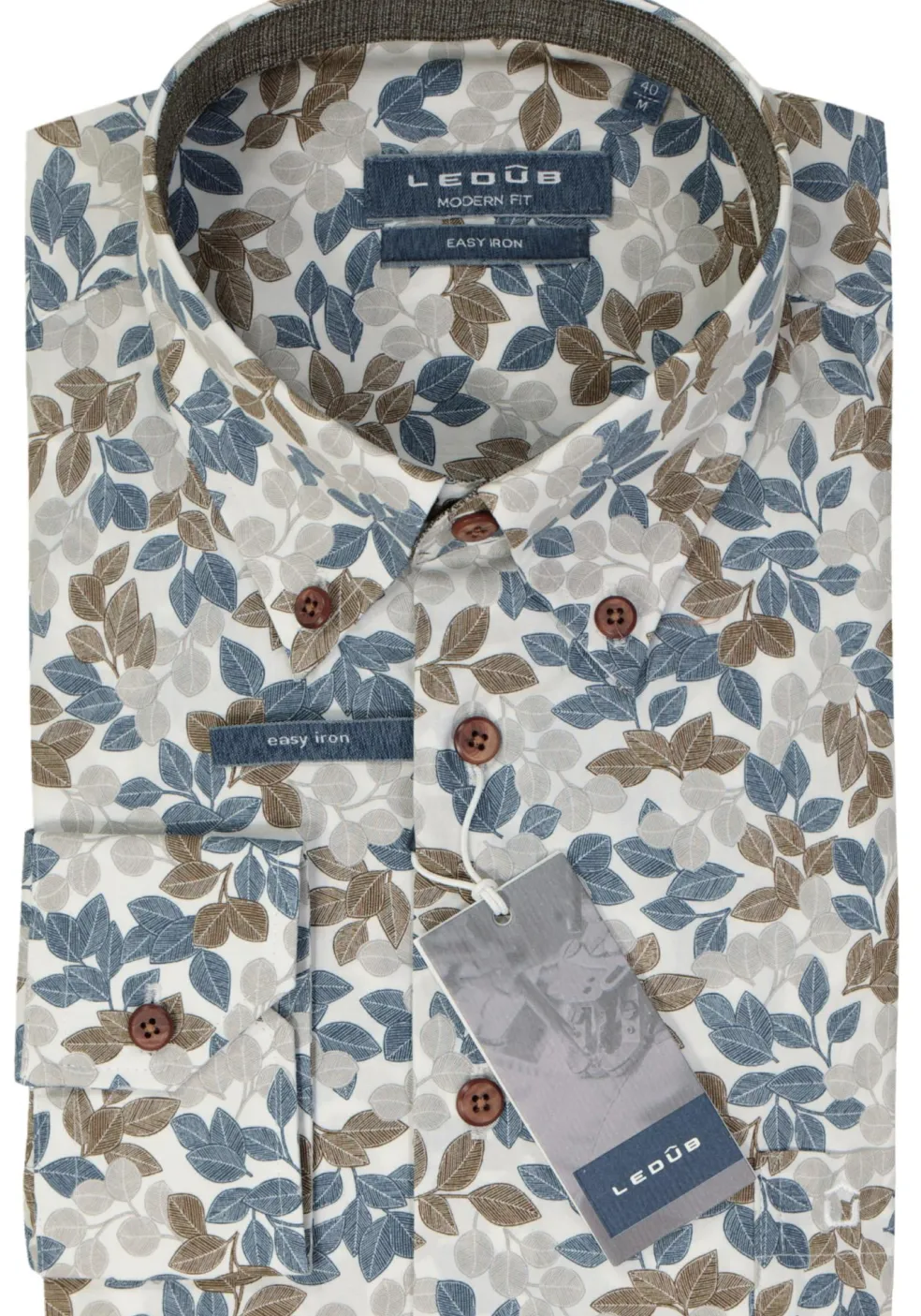Ledub modern fit overhemd, wit met blauw en bruin dessin