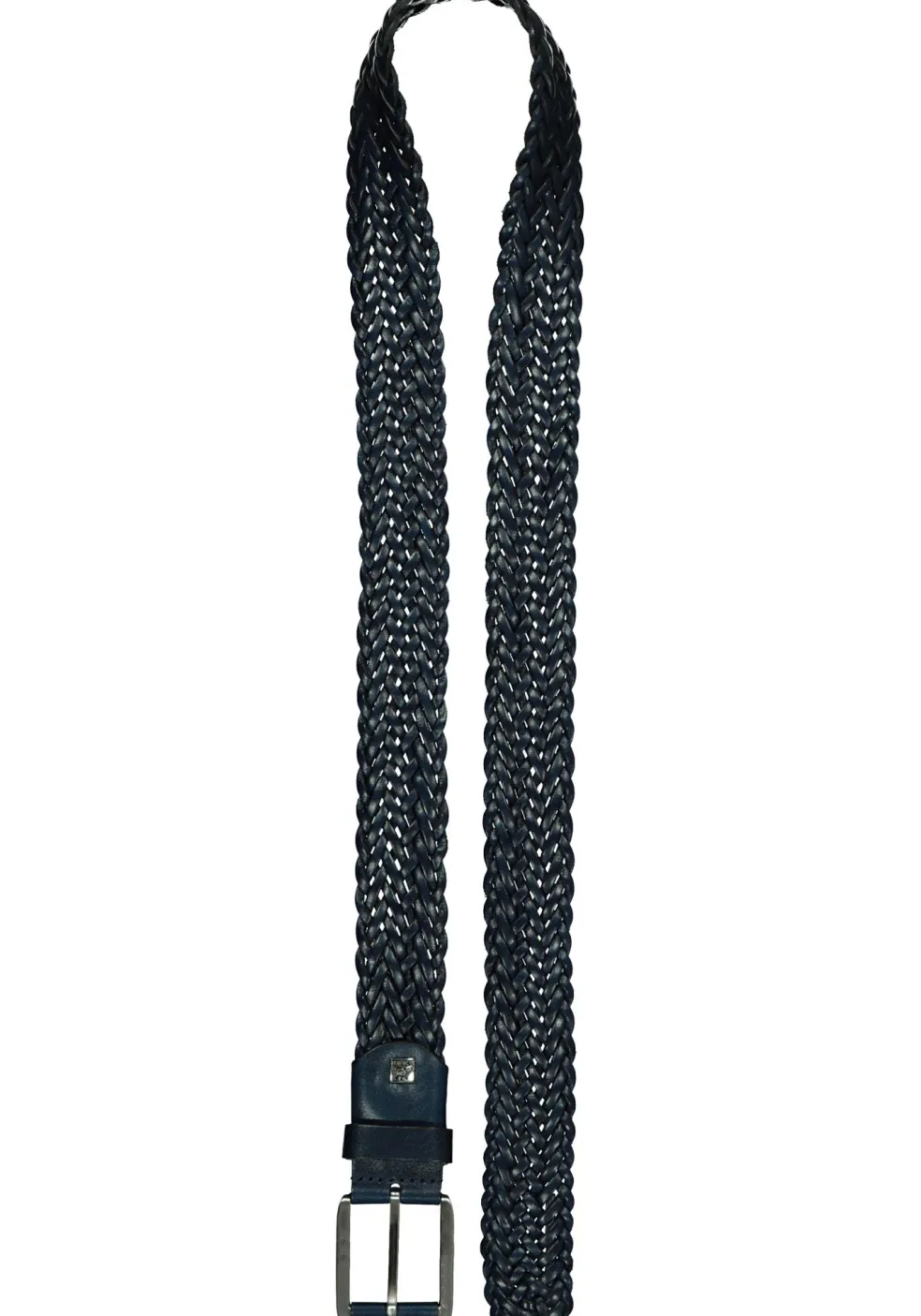 LINDENMANN leren heren riem, marine blauw gevlochten