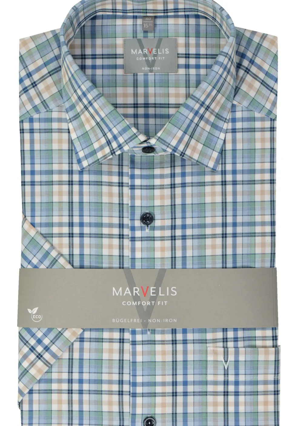 MARVELIS comfort fit overhemd, korte mouw, popeline, groen geruit