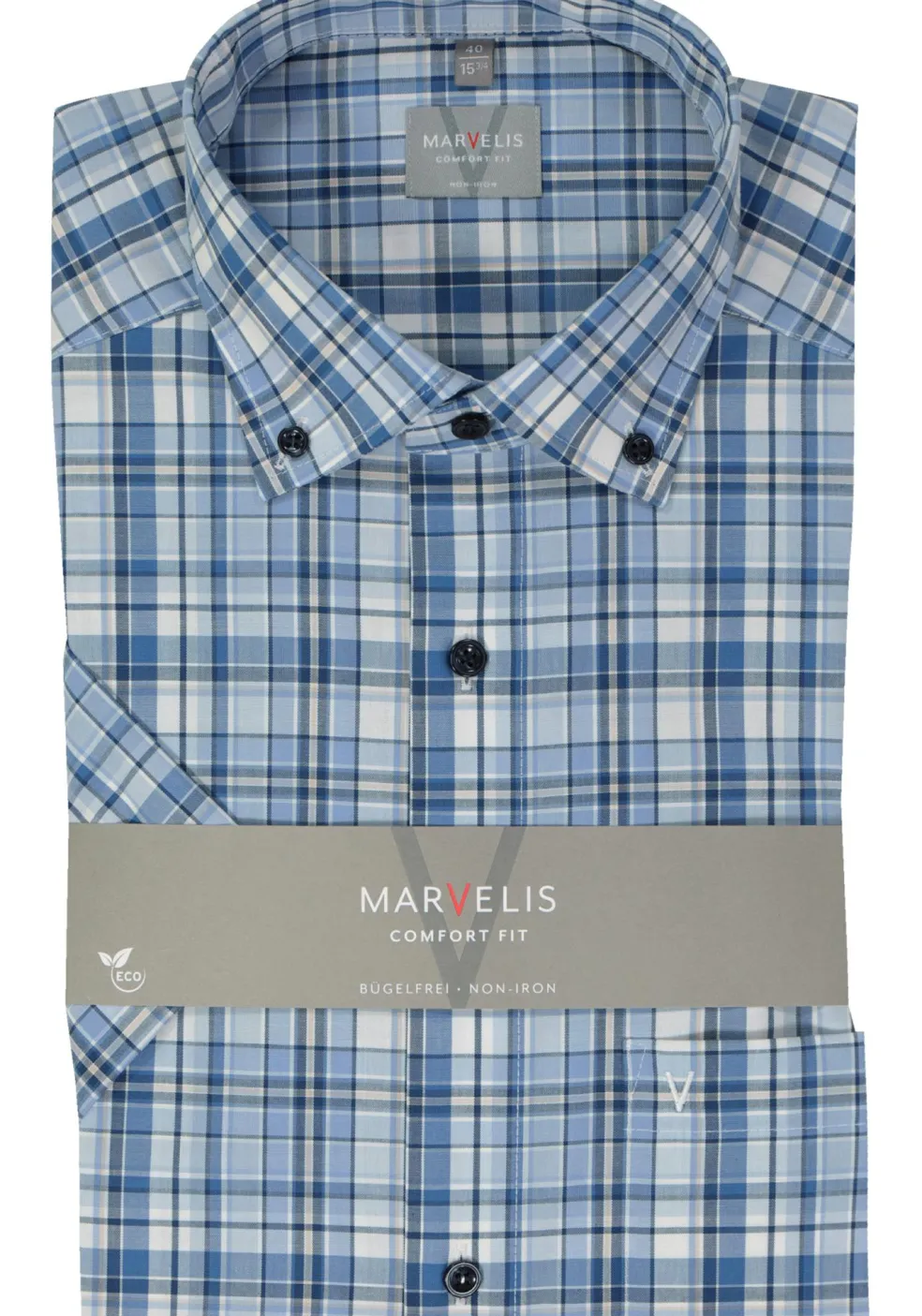 MARVELIS comfort fit overhemd, korte mouw, popeline, lichtblauw geruit