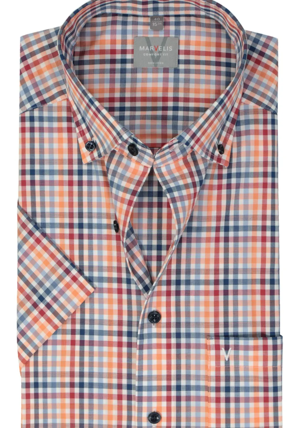 MARVELIS comfort fit overhemd, korte mouw, popeline, rood geruit