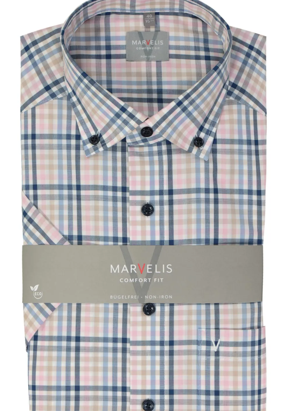 MARVELIS comfort fit overhemd, korte mouw, popeline, roze geruit