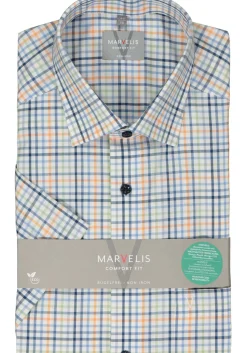 MARVELIS comfort fit overhemd, korte mouw, popeline, wit met blauw, oranje en groen geruit