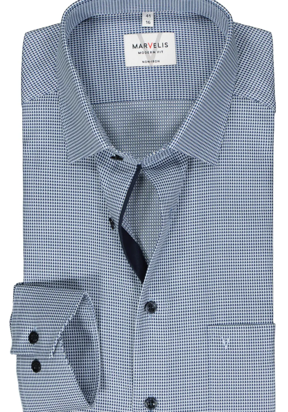 MARVELIS modern fit overhemd, popeline, blauw met wit mini dessin