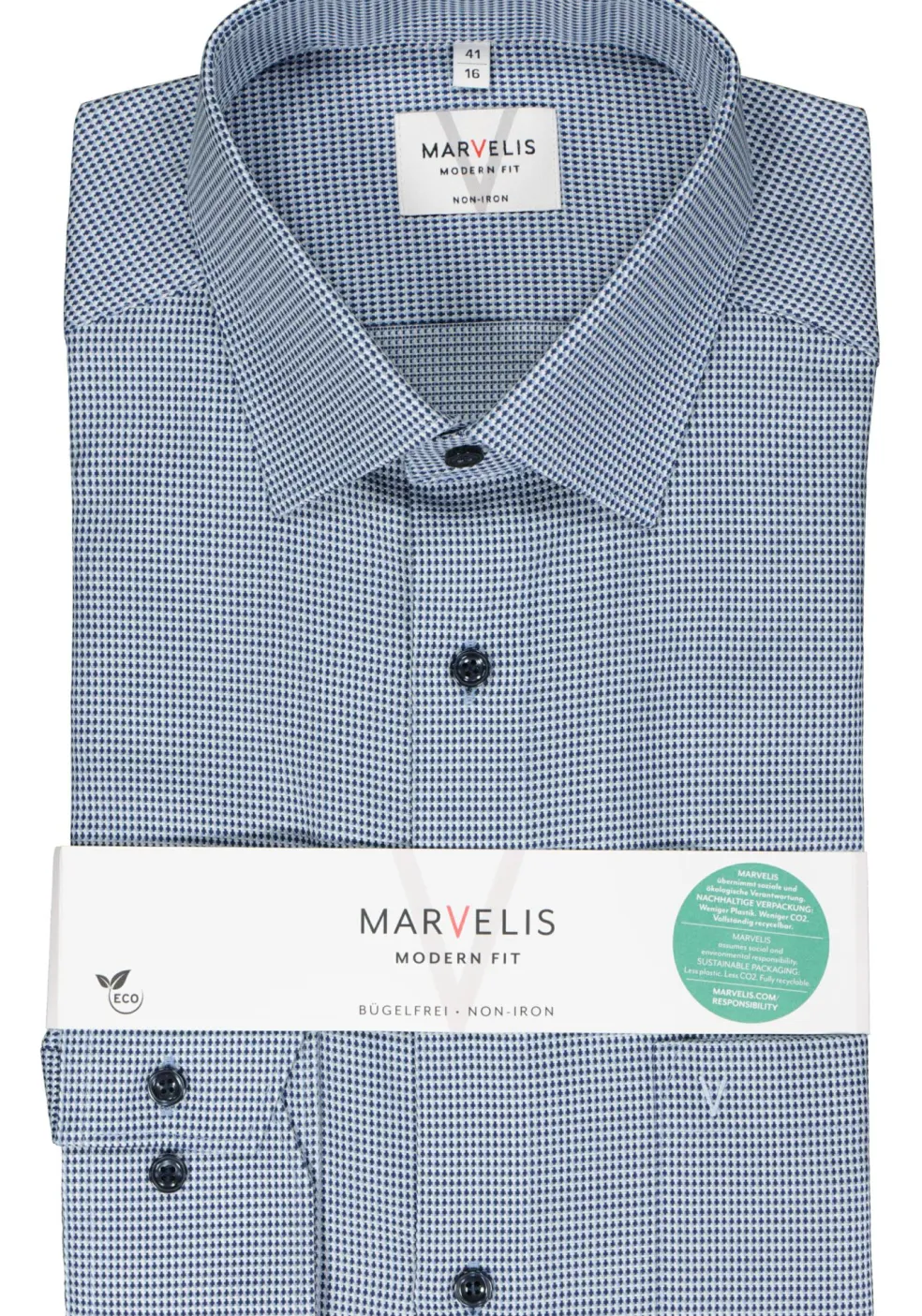 MARVELIS modern fit overhemd, popeline, blauw met wit mini dessin