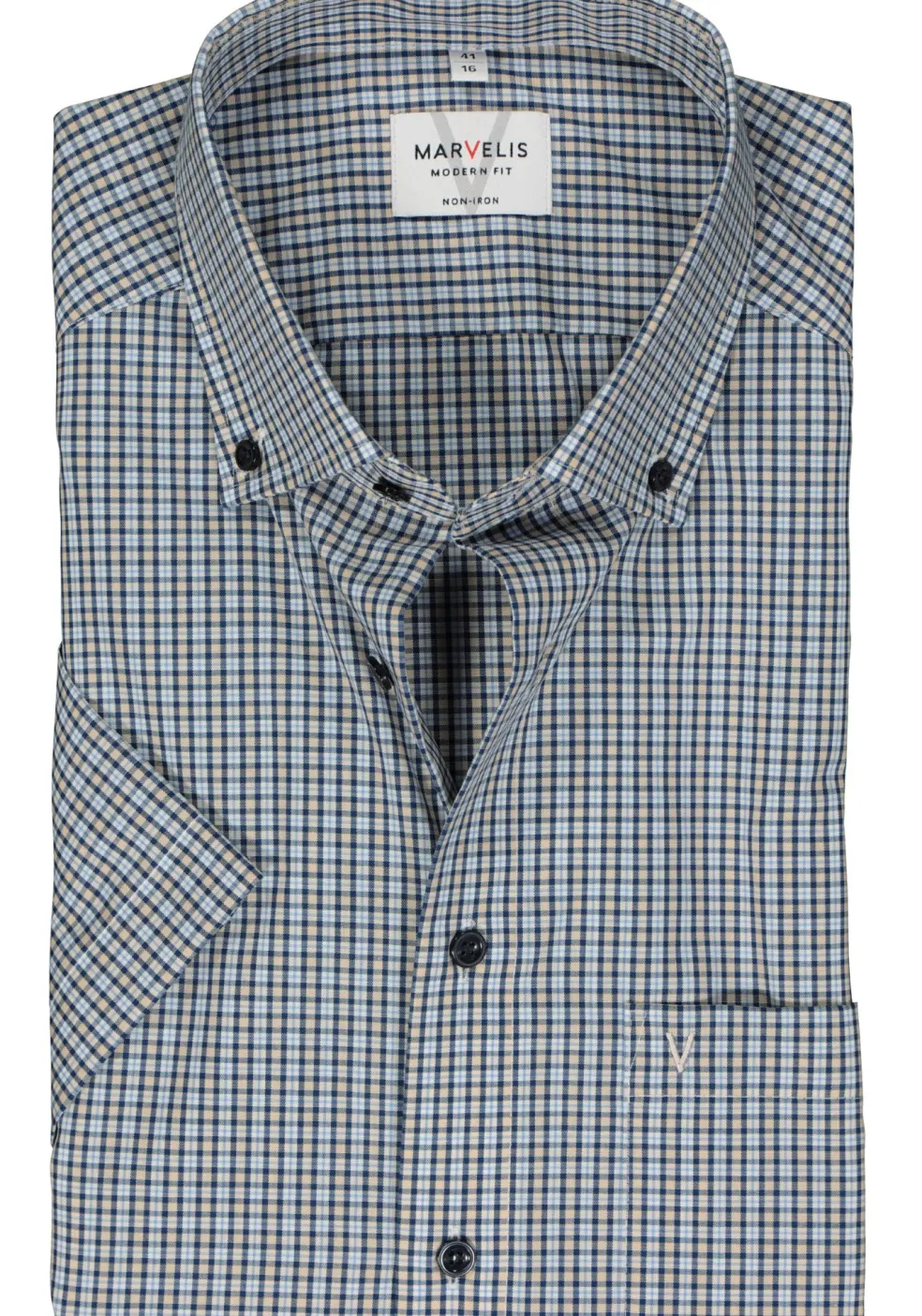 MARVELIS modern fit overhemd, korte mouw, popeline, blauw, wit en beige fijn geruit