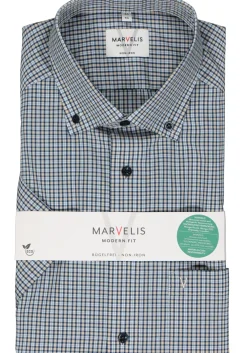 MARVELIS modern fit overhemd, korte mouw, popeline, blauw, wit en beige fijn geruit