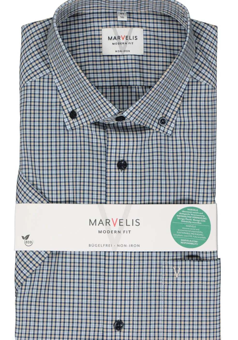 MARVELIS modern fit overhemd, korte mouw, popeline, blauw, wit en beige fijn geruit