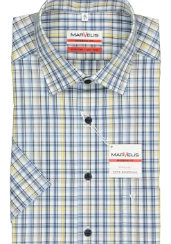 MARVELIS modern fit overhemd, korte mouw, popeline, wit met blauw en geel geruit