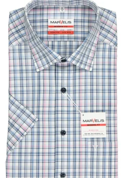 MARVELIS modern fit overhemd, korte mouw, popeline, wit met blauw en roze geruit