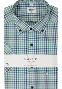 MARVELIS modern fit overhemd, korte mouw, popeline, groen geruit