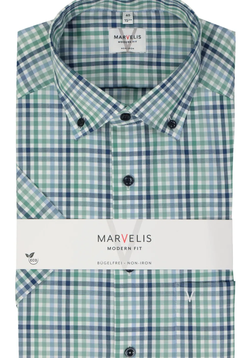 MARVELIS modern fit overhemd, korte mouw, popeline, groen geruit