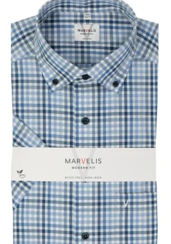 MARVELIS modern fit overhemd, korte mouw, popeline, lichtblauw geruit