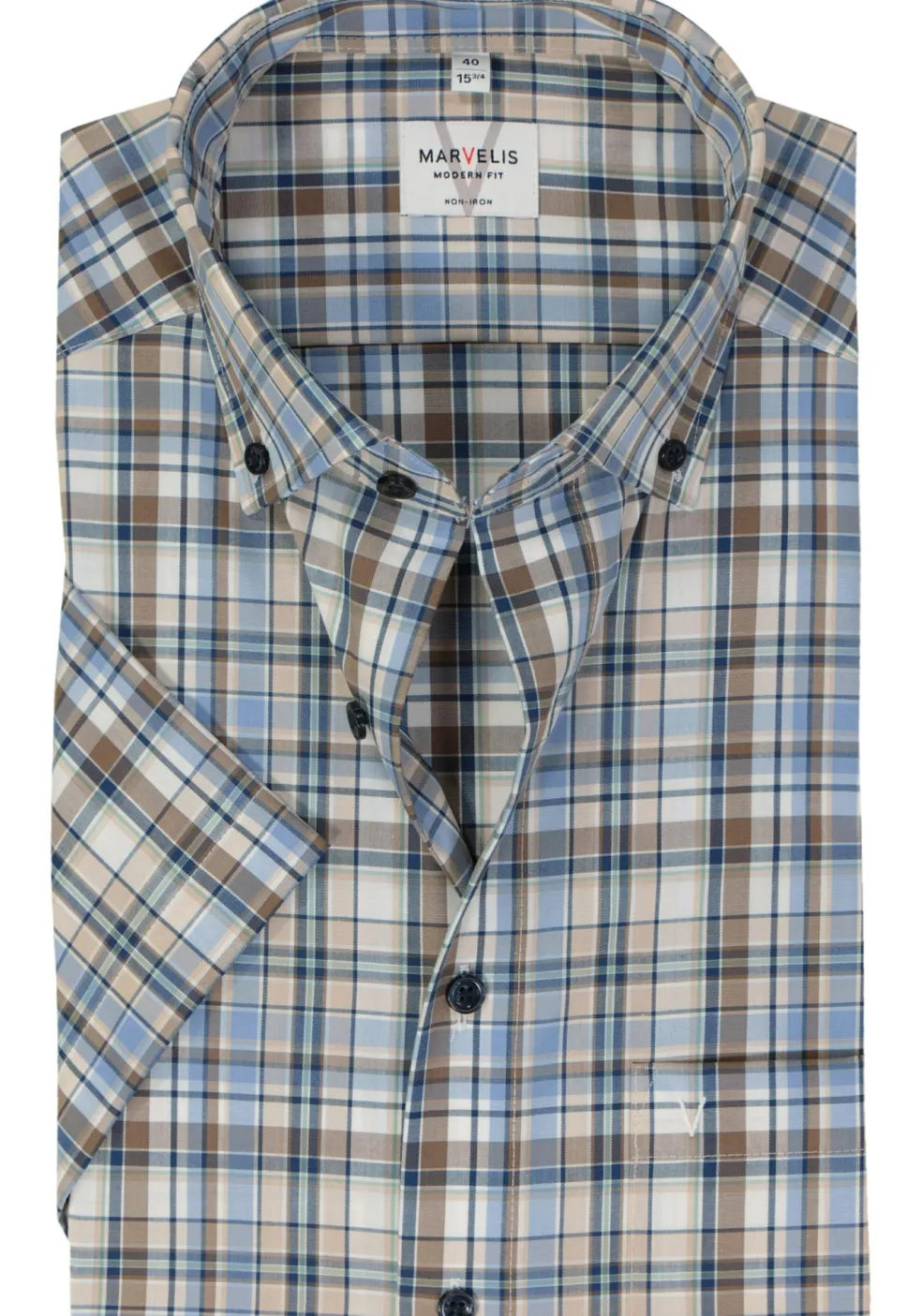 MARVELIS modern fit overhemd, korte mouw, popeline, lichtbruin geruit