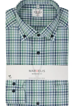 MARVELIS modern fit overhemd, popeline, groen geruit
