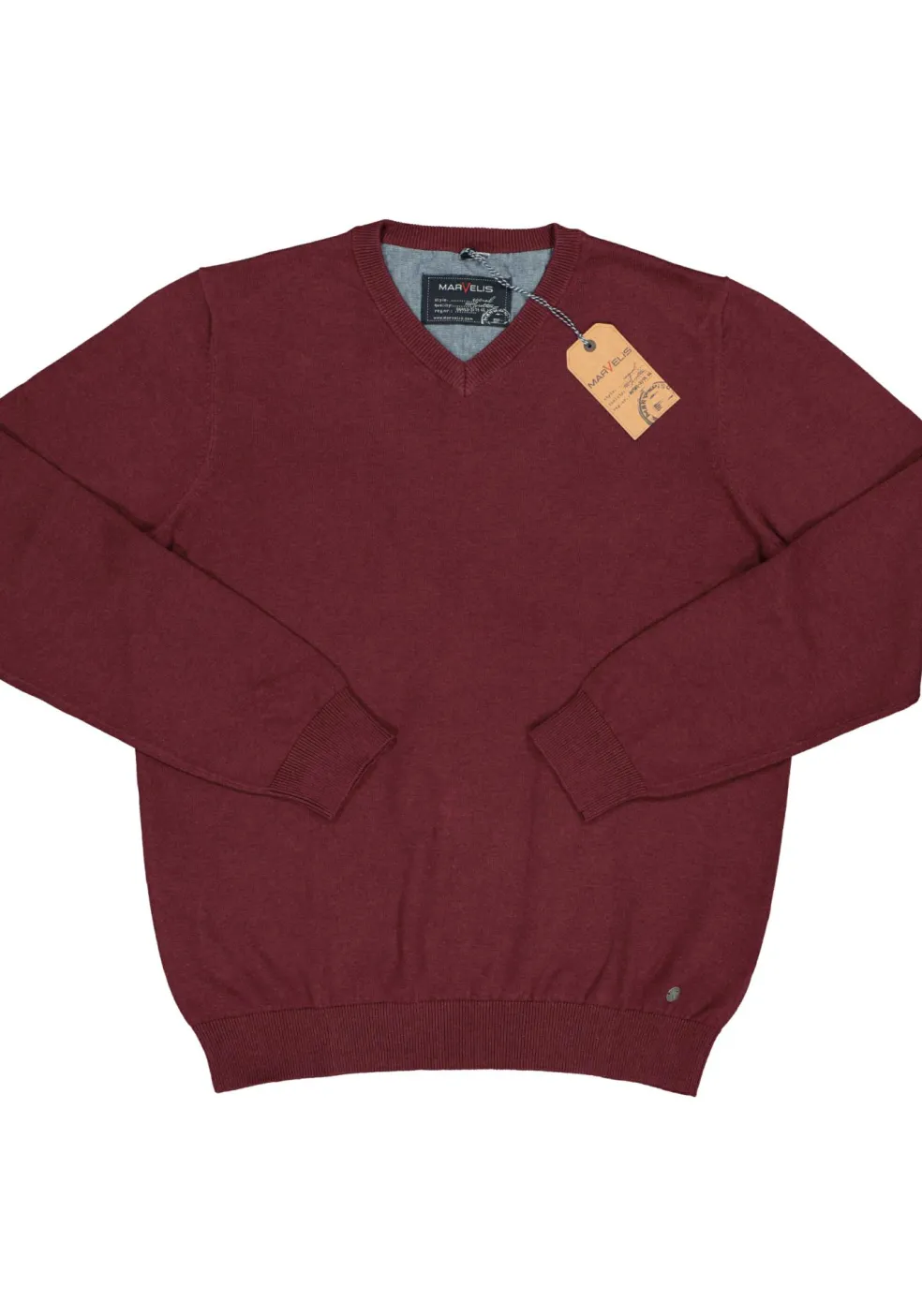 MARVELIS modern fit trui katoen, V-hals, aubergine