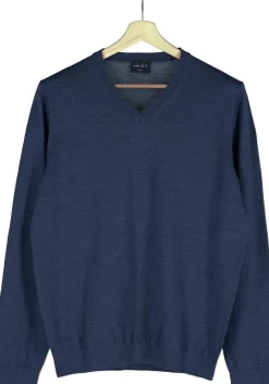 MARVELIS modern fit trui wol, V-hals, rookblauw