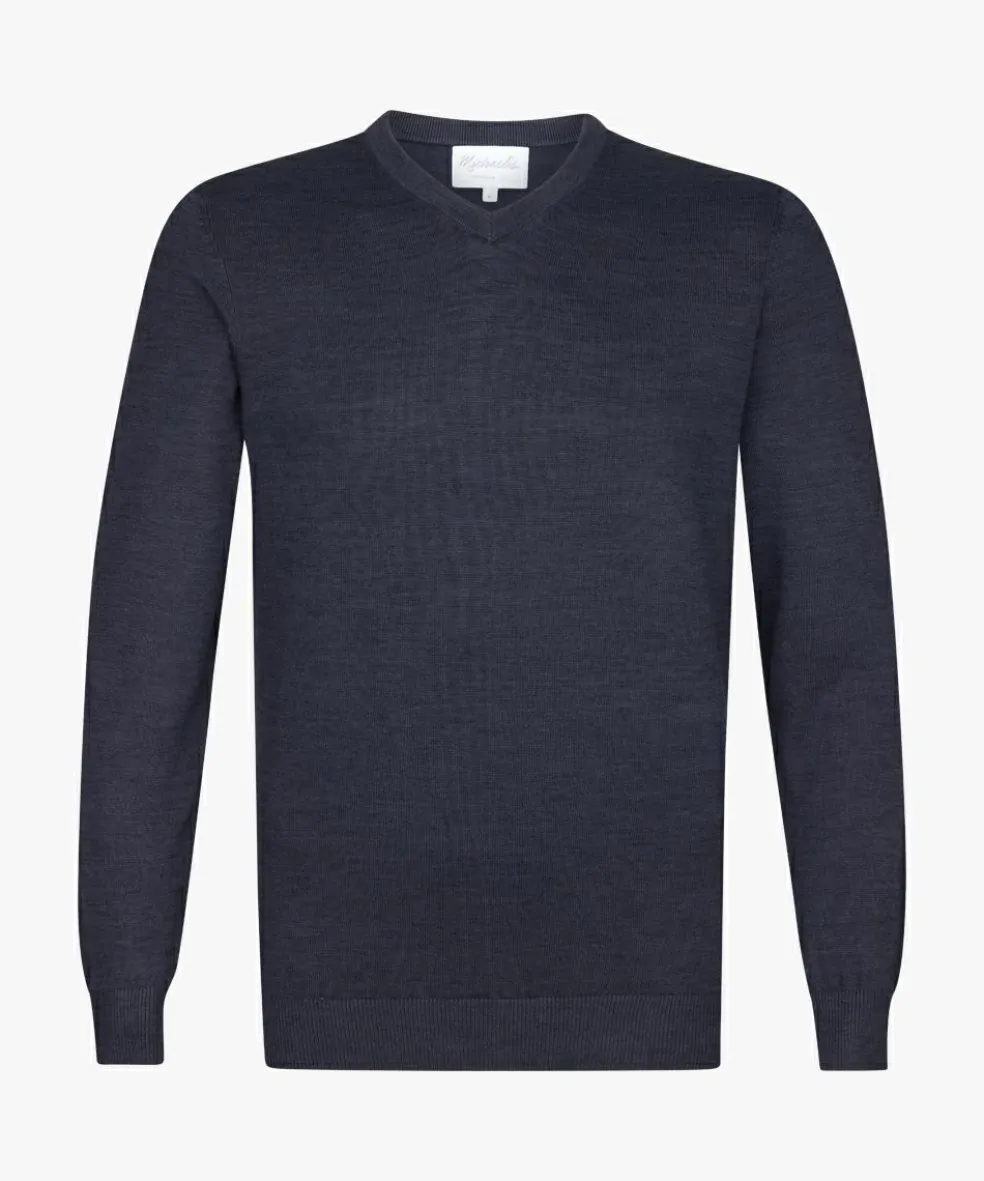 Michaelis heren trui katoenmengsel, slim fit trui met V-hals, navy blauw