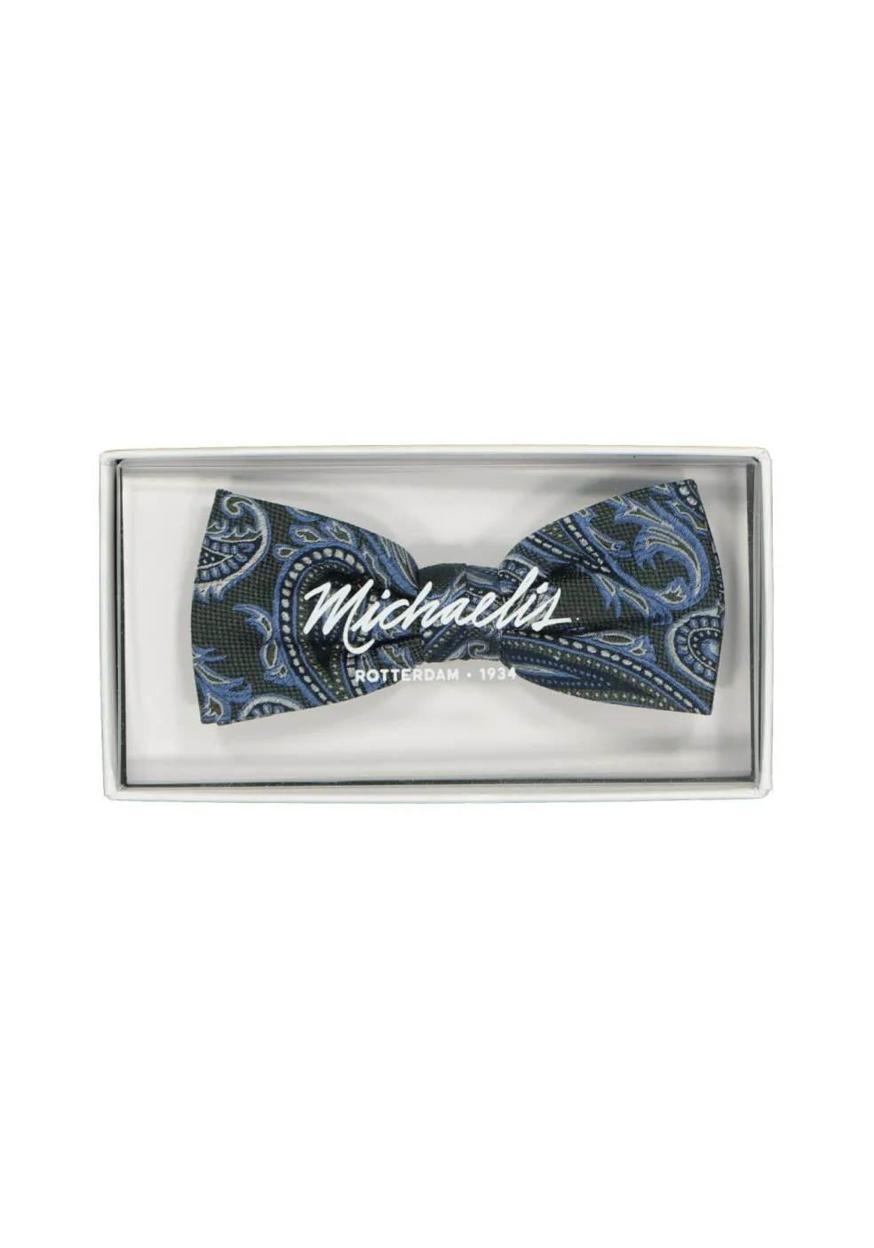 Michaelis strik, groen met blauw paisley dessin strik zijde