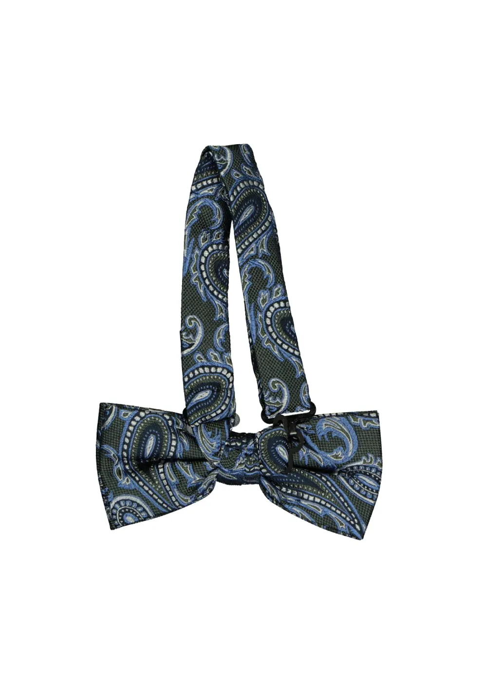 Michaelis strik, groen met blauw paisley dessin strik zijde