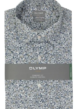 OLYMP comfort fit overhemd, korte mouw, dobby, wit met blauw en beige bloemetjes dessin