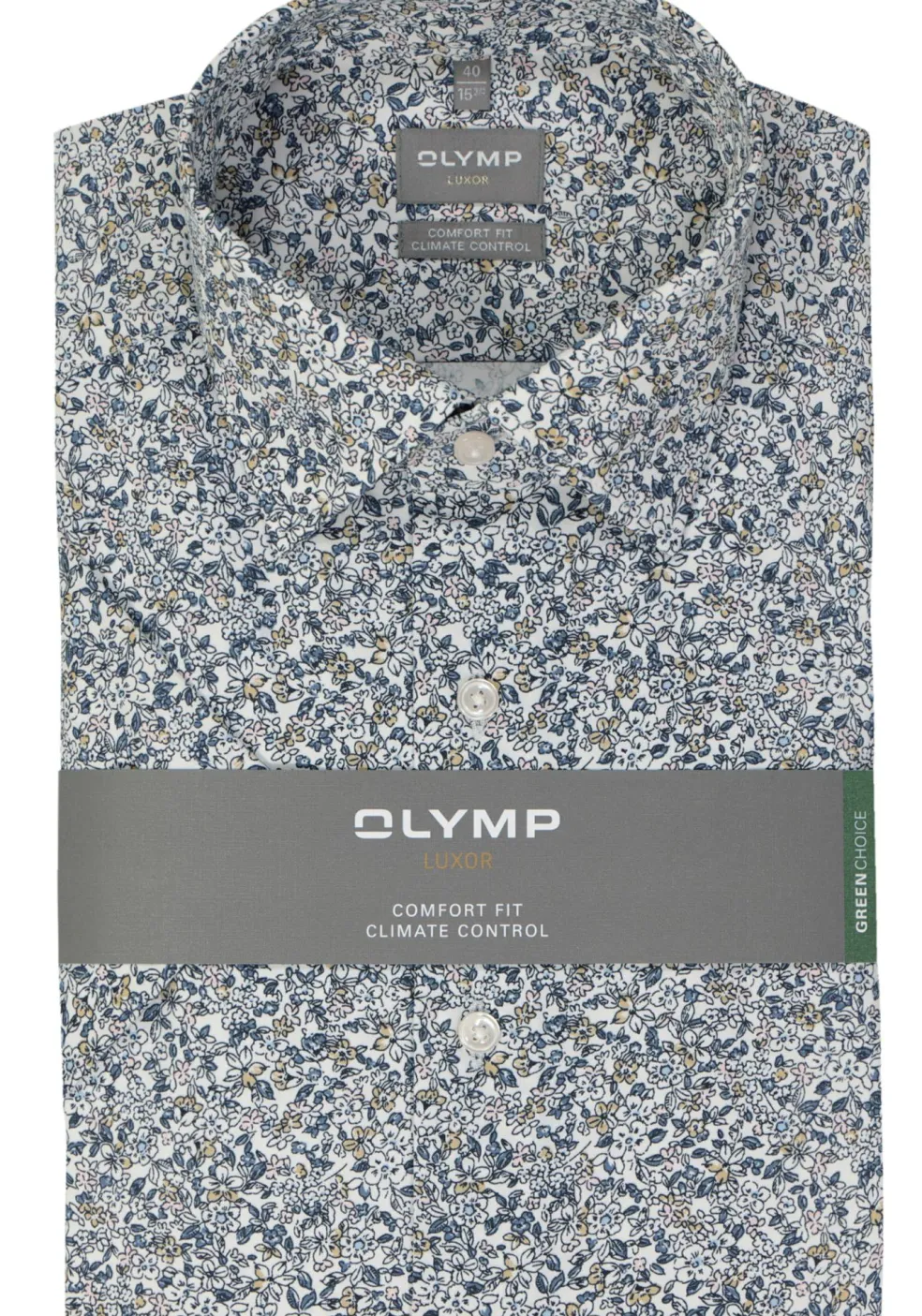 OLYMP comfort fit overhemd, korte mouw, dobby, wit met blauw en beige bloemetjes dessin