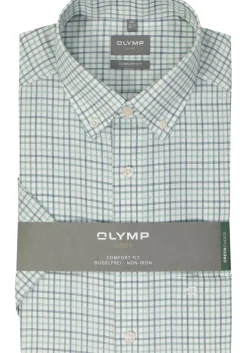 OLYMP comfort fit overhemd, korte mouw, popeline, groen geruit