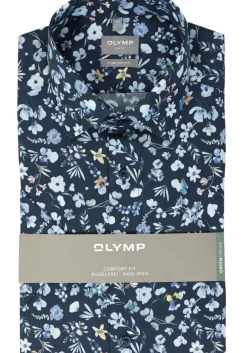 OLYMP comfort fit overhemd, korte mouw, popeline, marine blauw dessin