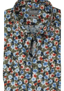 OLYMP comfort fit overhemd, korte mouw, popeline, groen met blauw, rood en wit bloemen dessin