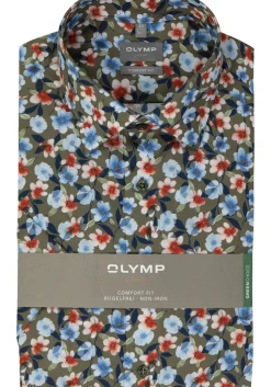 OLYMP comfort fit overhemd, korte mouw, popeline, groen met blauw, rood en wit bloemen dessin