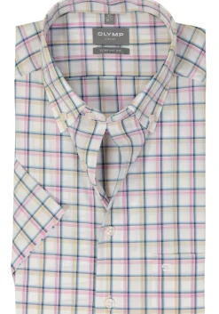 OLYMP comfort fit overhemd, korte mouw, popeline, wit met blauw, beige en roze geruit