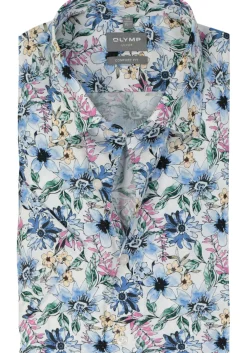OLYMP comfort fit overhemd, korte mouw, popeline, wit met blauw, groen en roze bloemen dessin