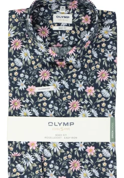 OLYMP Level 5 body fit overhemd, popeline, marine blauw dessin