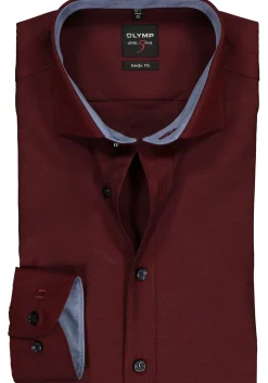 OLYMP Level 5 body fit overhemd, bordeaux rood structuur (blauw contrast)