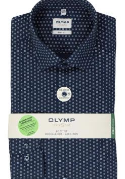 OLYMP Level 5 body fit overhemd, mouwlengte 7, dobby, marine blauw dessin