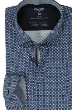 OLYMP 24/7 Level 5 body fit overhemd, mouwlengte 7, tricot, marine blauw dessin